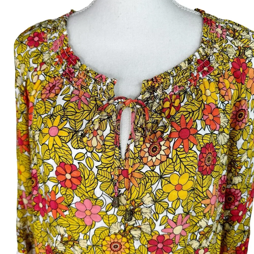 Jane and Delancey Floral Smocked Tunic Top Boho Bohemian Yellow Orange Red XL ￼ - Picture 3 of 9